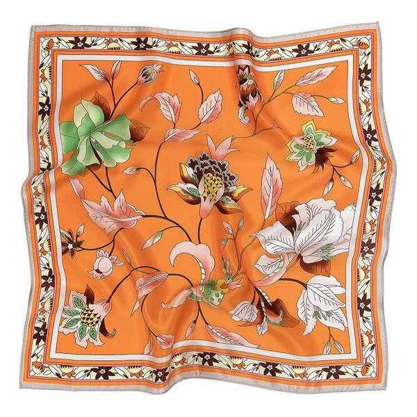 Adult Women'S Spring Vintage Orange Floral Print 100% Silk Satin Long Square Scarf