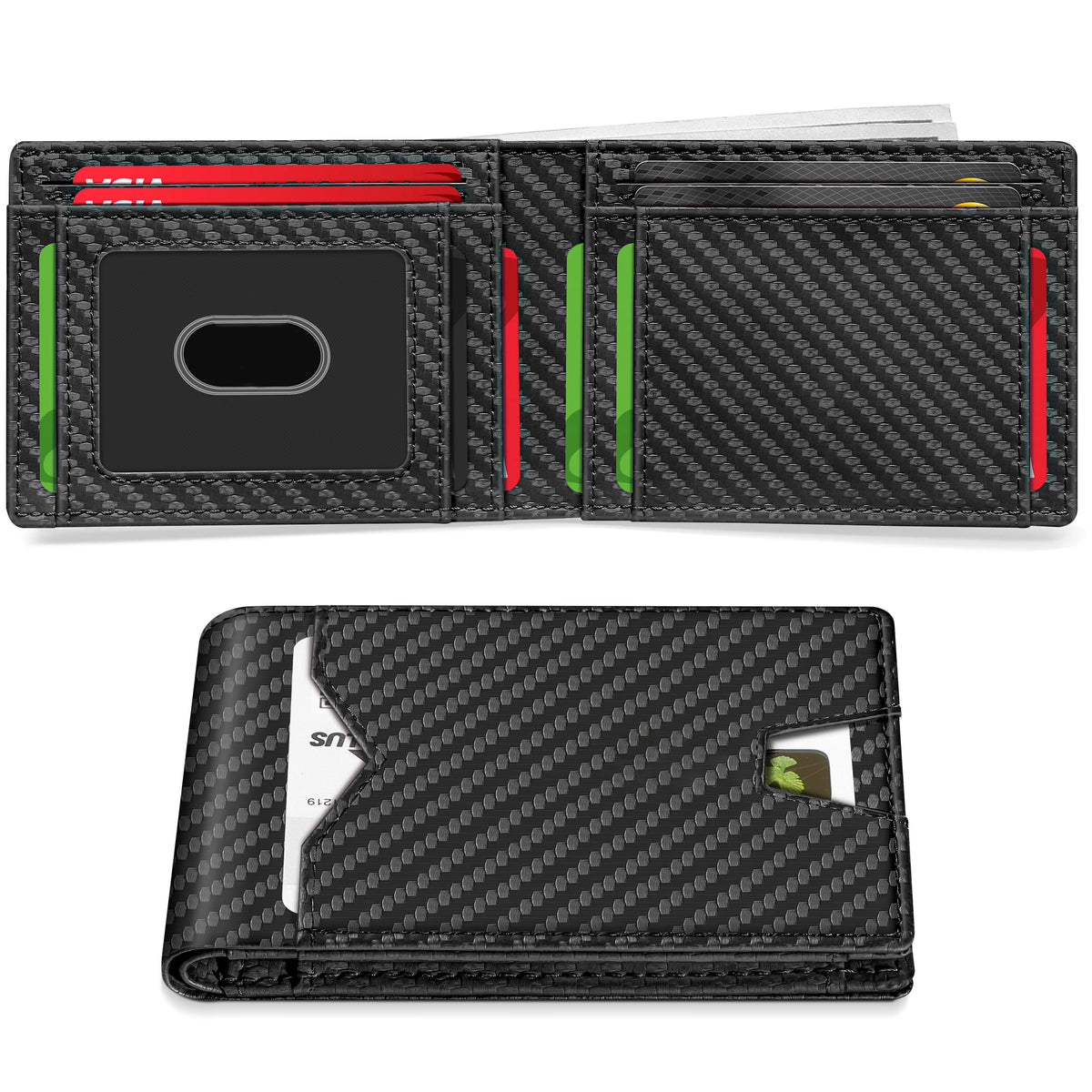 Minimalist Carbon Fiber Leather Bifold Mens Wallet Slim RFID Blocking Credit Card Holder