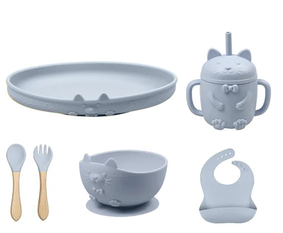 Food Grade Silicone Baby Feeding Set With Cup Bowl Plate Bib Spoon and Fork Easy Clean