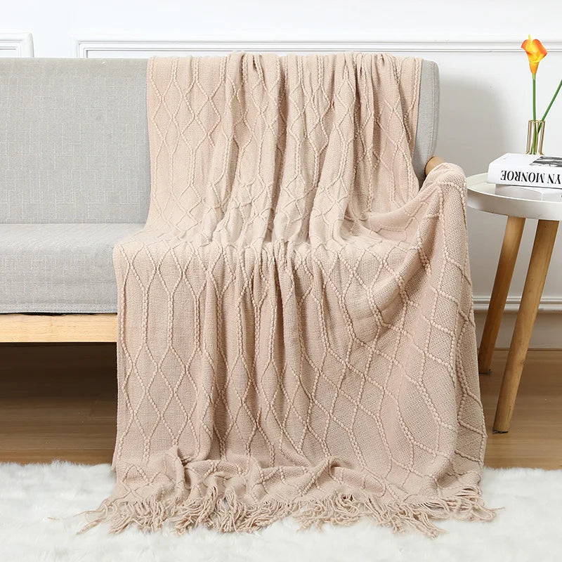 Chunky Knitted Blanket Sofa Throw Blanket With Tassels Weighted Blanket for Winter