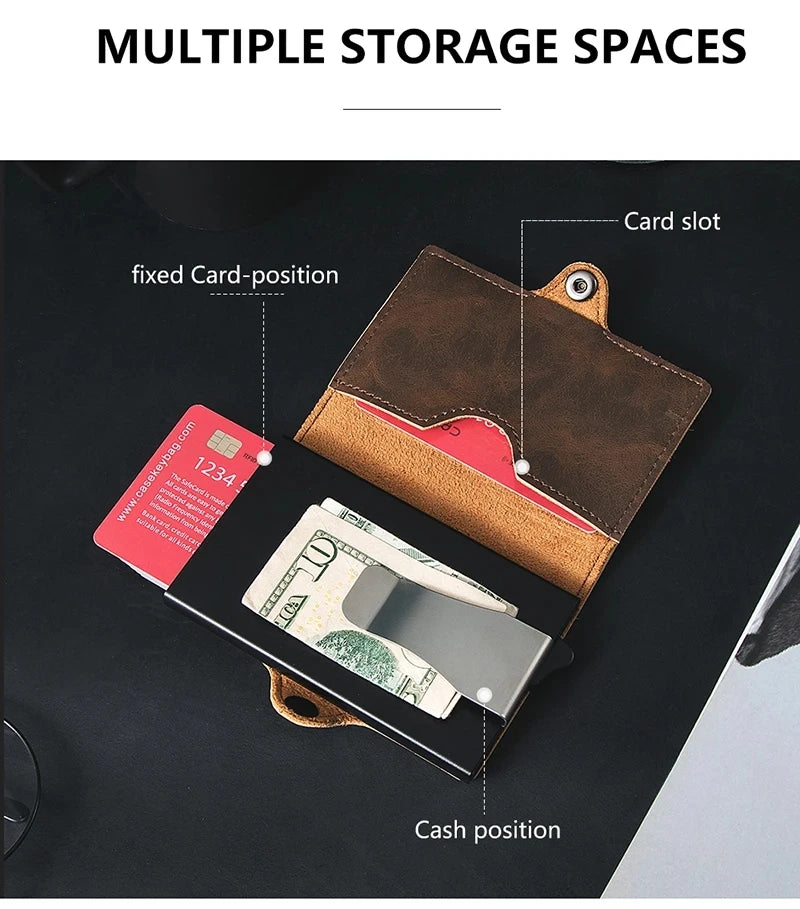 Aluminum Pop Up Card Holder Men PU Leather Minimalist Wallet with Zipper Pocket Credit