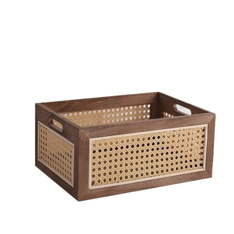 Japanese-Style Solid Wood Rattan Storage Basket Desktop Organizer CDs Stationery Books