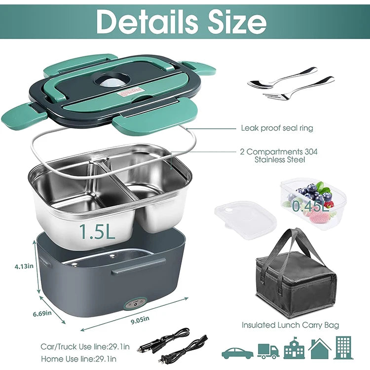 110V/12V 60W-80W Portable Electric Lunch Box 60W-80W Food Warmer with Removable Stainless