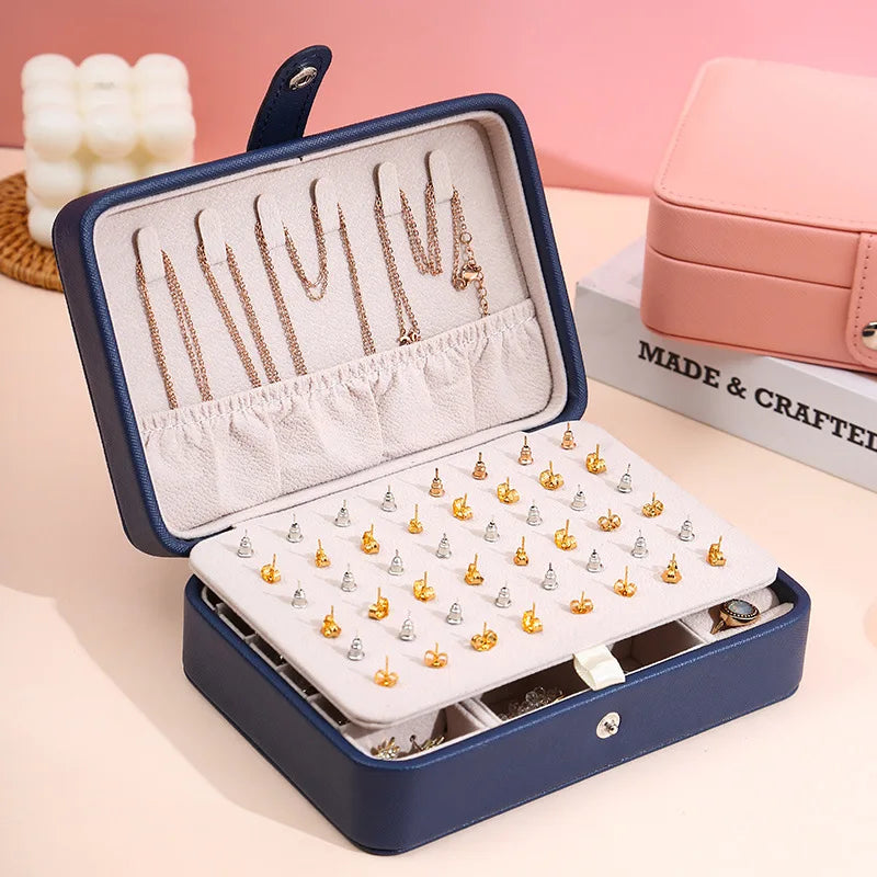 Portable Travel Square Leather Jewelry Box Storage Organizer with Earring Holder Display