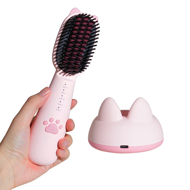 2 in 1 Portable Mini Hair Straightening USB Rechargeable Comb Hot Hair Straightener Brush