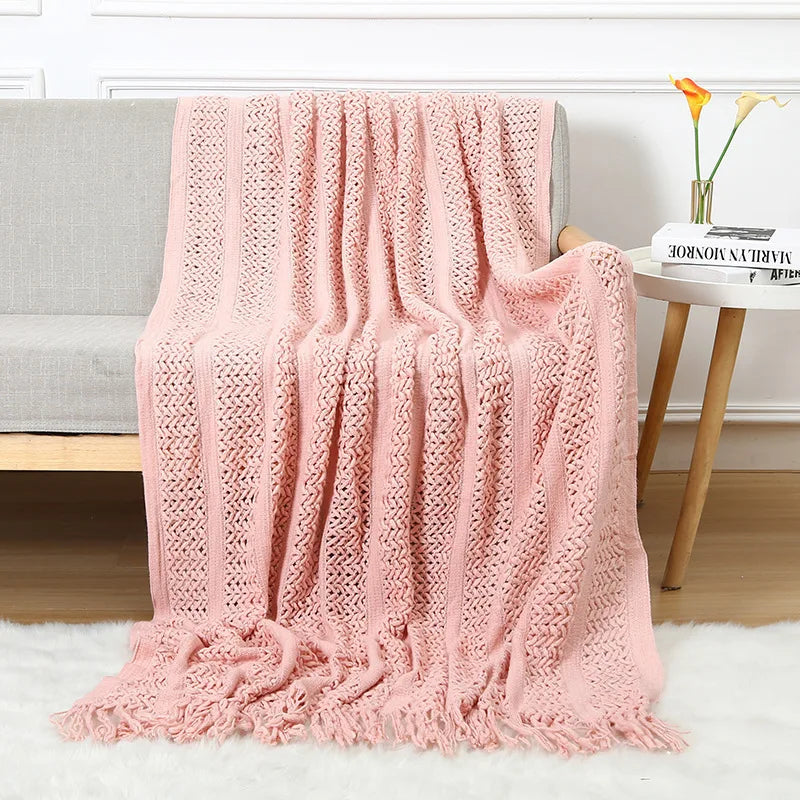 Chunky Knitted Blanket Sofa Throw Blanket With Tassels Weighted Blanket for Winter