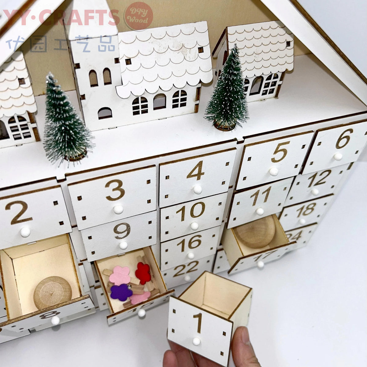 24 Day House Shaped Wooden Advent Calendar with 24 Drawer Box, Christmas Tree and LED