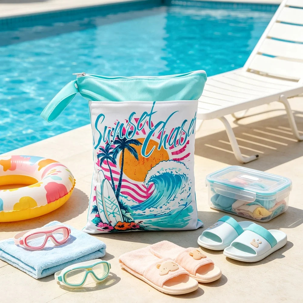 Printed Waterproof Wet Dry Bag Soft Polyester Zipper Storage Pouch for Infant Beach