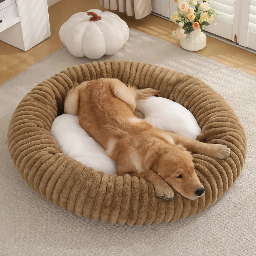 Plush Ribbed Round Solid Pattern Dog Bed Calming Donut Pet Cushion in Box/Carton