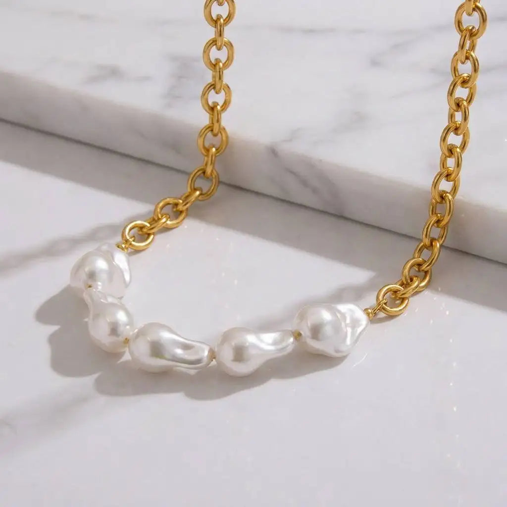 18K Gold Plated 304 Stainless Steel Shell Baroque Pearl Link Vintage Statement Necklace