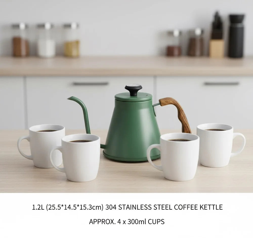 Green 1.2L 304 Stainless Steel Gooseneck Kettle Pour Over with Lid Multi Layer Bottom