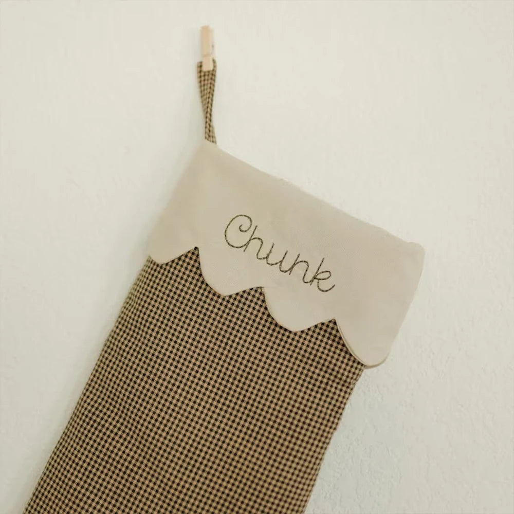 Custom Gingham Cotton Christmas Stocking With Personalized Name Embroidery for Family