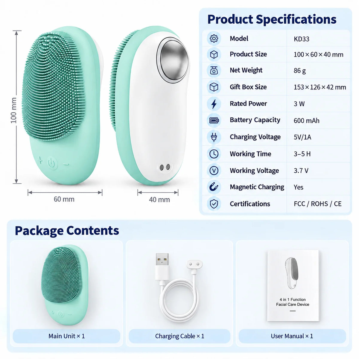 Electric Silicone Facial Cleanser 5 Speed Vibration Warm Care Rechargeable Facial
