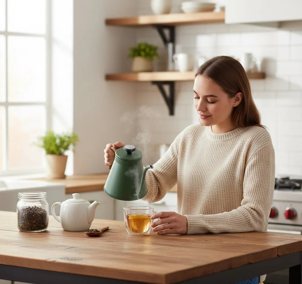 Green 1.2L 304 Stainless Steel Gooseneck Kettle Pour Over with Lid Multi Layer Bottom