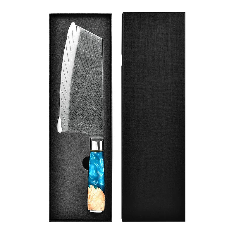 Damascus Steel VG10 Blue Resin Wood Handle 7 Piece Kitchen Chef Bread Santoku Knives