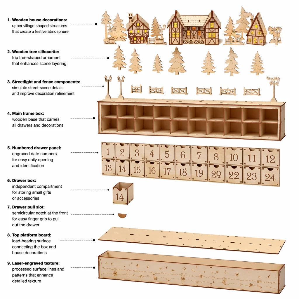 Christmas Wooden Advent Calendar - 24 Drawers Storage Box - Wooden Craft Holiday