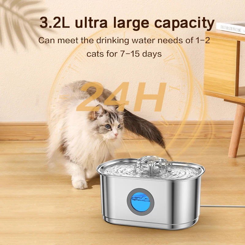 Cat Water Fountain 3.2L 304 Stainless Steel Window Flower Spout Ultra Quiet Automatic