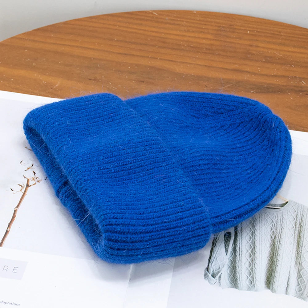 Knit Beanie Hat Real Angora Rabbit Fur Slouchy Skull Cap Winter Warm Stocking Hats