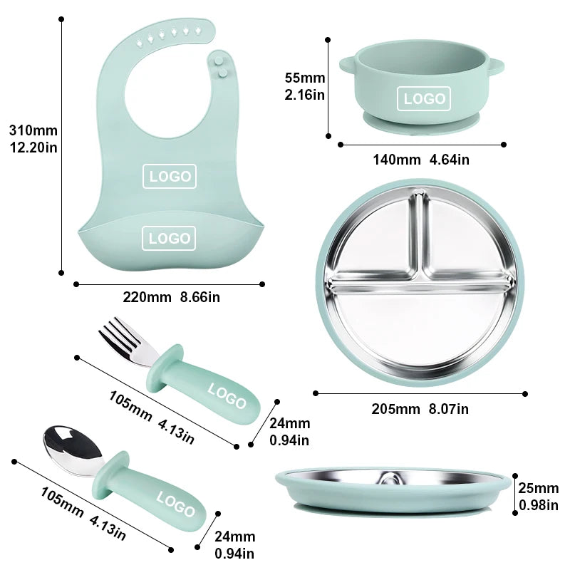 OME/ Modern Baby Feeding Set Bpa Free Silicone Bowls Plates Training Cup Bibs Knife Fork