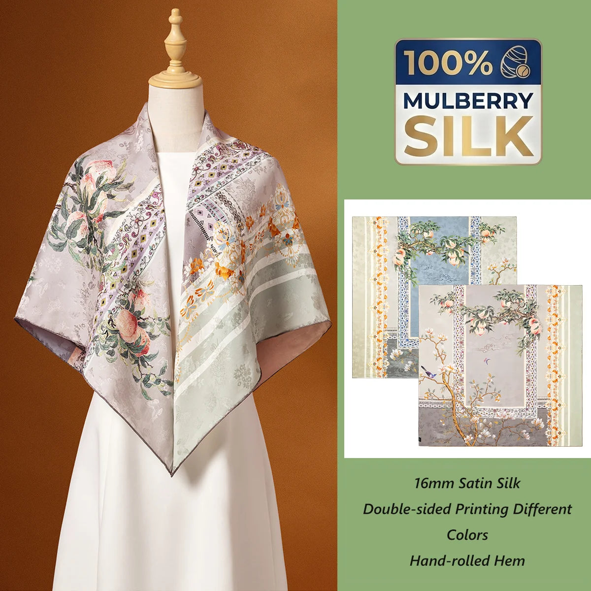 Customizable Silk Satin Shawl 100% Mulberry Silk Digital Printed Women Custom Hand Rolled