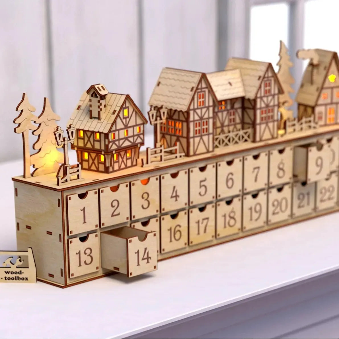 Christmas Wooden Advent Calendar - 24 Drawers Storage Box - Wooden Craft Holiday