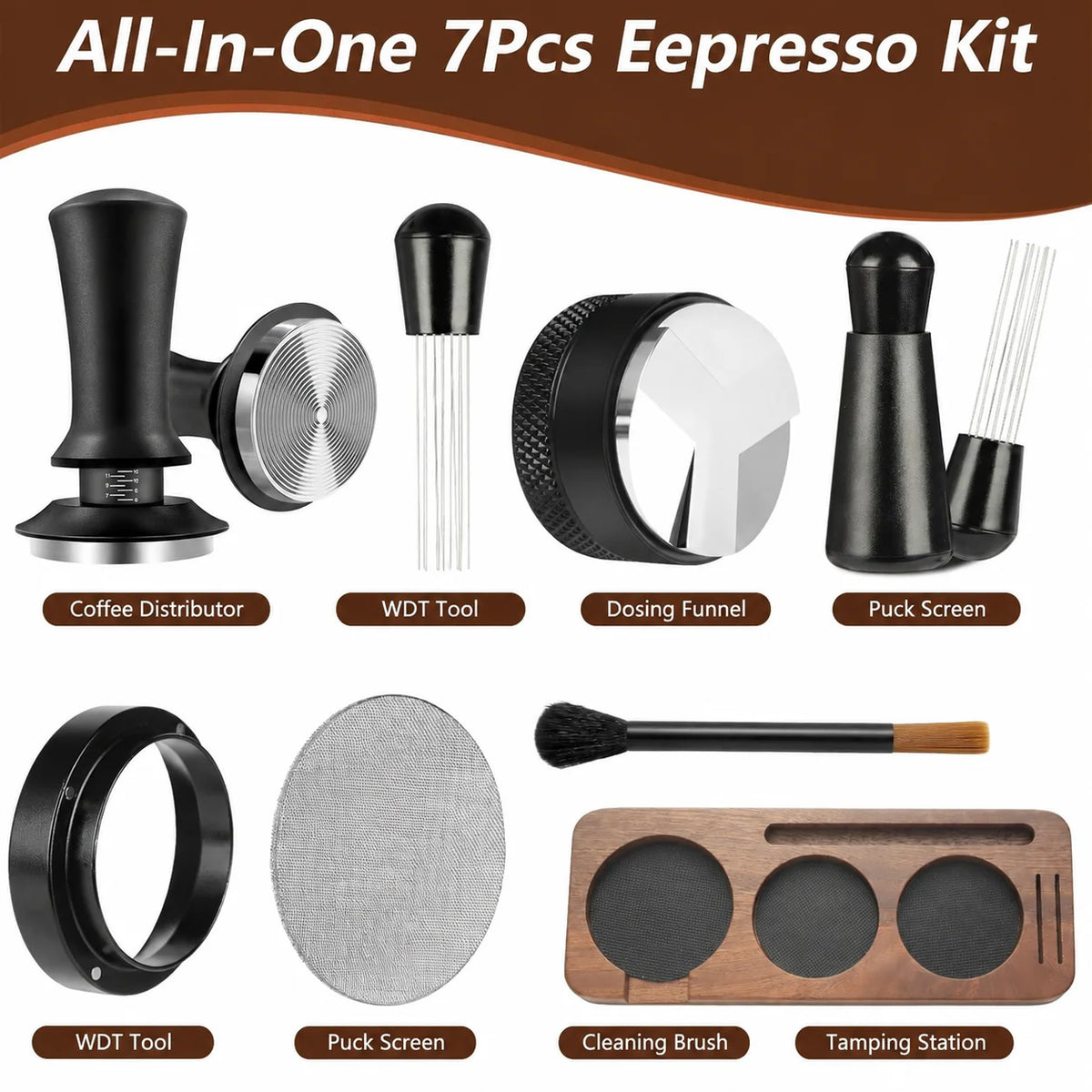 7 PCS 51mm Manual Stainless Steel Espresso Accessories Kit Tamper Set Distributor WDT