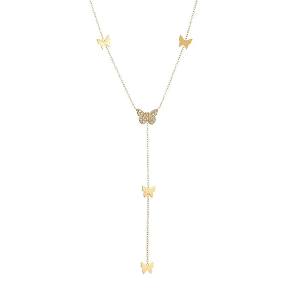 18K Gold Plated Stainless Steel Beaded Tassel Choker Necklace Zircon Butterfly Jewelry