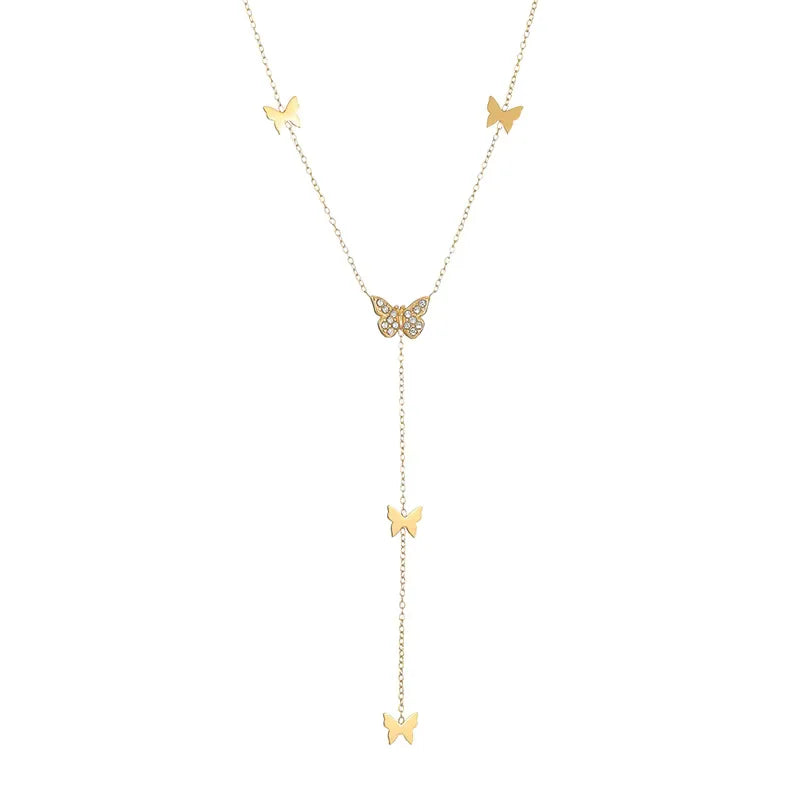 18K Gold Plated Stainless Steel Beaded Tassel Choker Necklace Zircon Butterfly Jewelry