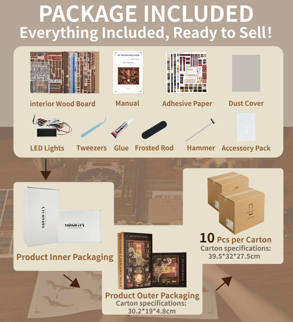 3D Wooden Laser Cut Book Nook Kit LED Lights Bookshelf Insert Custom Dust Cover Miniature