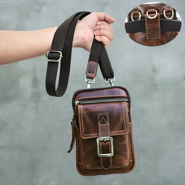 Vintage Genuine Leather Small Crossbody Phone Bag Men Convertible Waist Belt Bag
