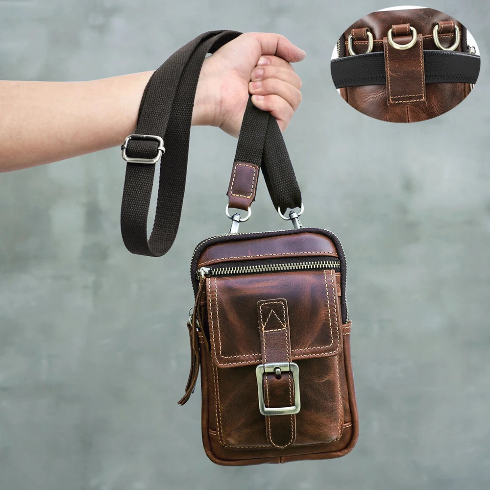 Vintage Genuine Leather Small Crossbody Phone Bag Men Convertible Waist Belt Bag
