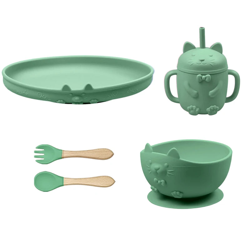 Food Grade Silicone Baby Feeding Set With Cup Bowl Plate Bib Spoon and Fork Easy Clean