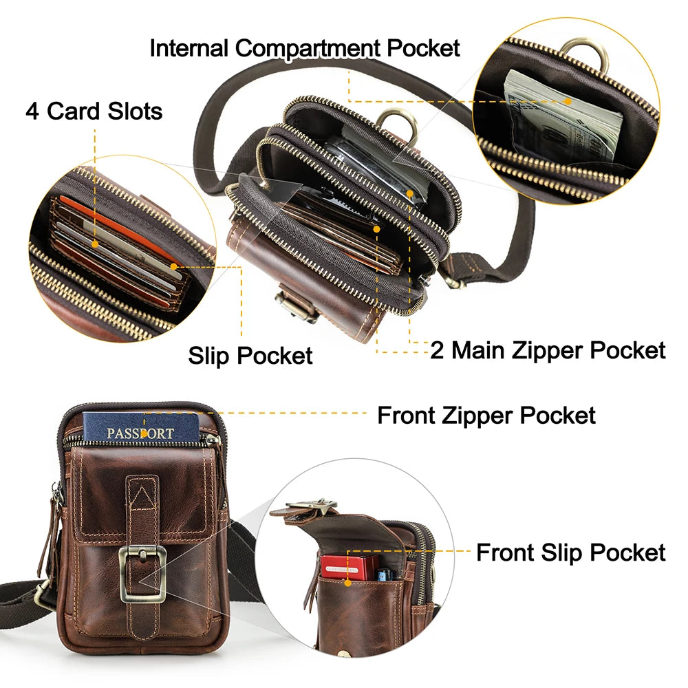 Vintage Genuine Leather Small Crossbody Phone Bag Men Convertible Waist Belt Bag