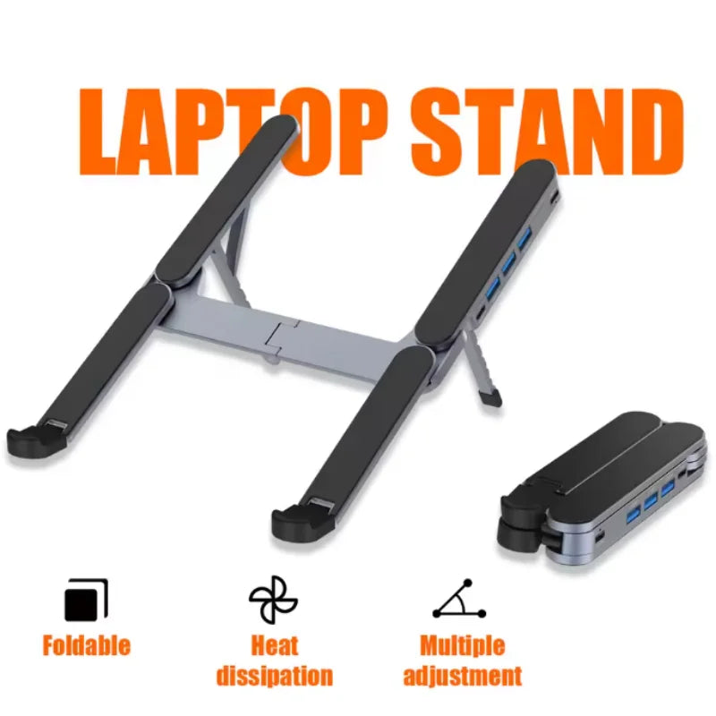 Aluminum Alloy USB C Hub 2-in-1 Foldable Laptop Stand Adjustable Holder Multi Port