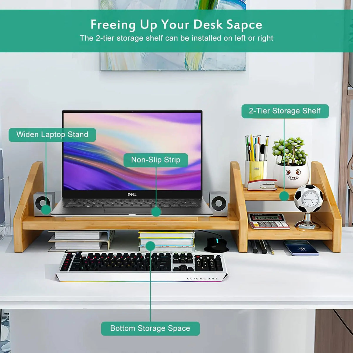 Bamboo Laptop Stand Desk 3-Height Adjustable Notebook Computer Monitor Riser 2-Tier