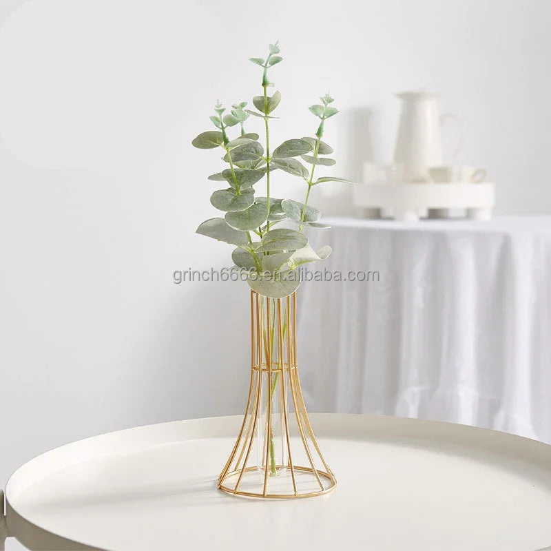 Glass Metal Gold Hydroponic Flower Glass Vase Plant Propagation Station With Tray