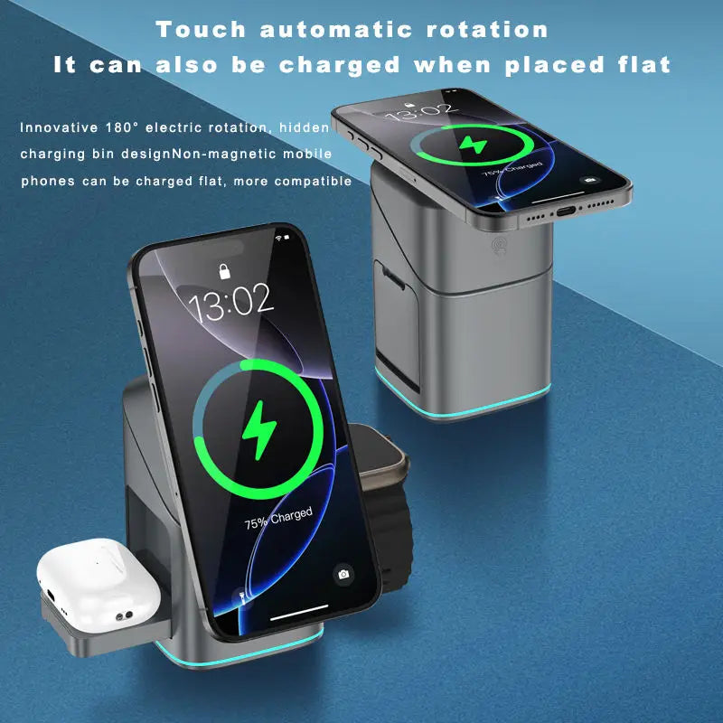 Qi2 Foldable Magnetic 3-in-1 15W Fast Wireless Charging Station for Mobile Phones,