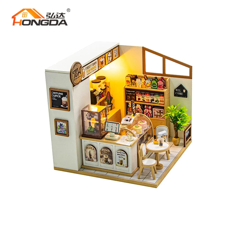 Hongda M2505 First Foam Tea House Dollhouse Kit Miniature Diy Doll House Wooden Dollhouse
