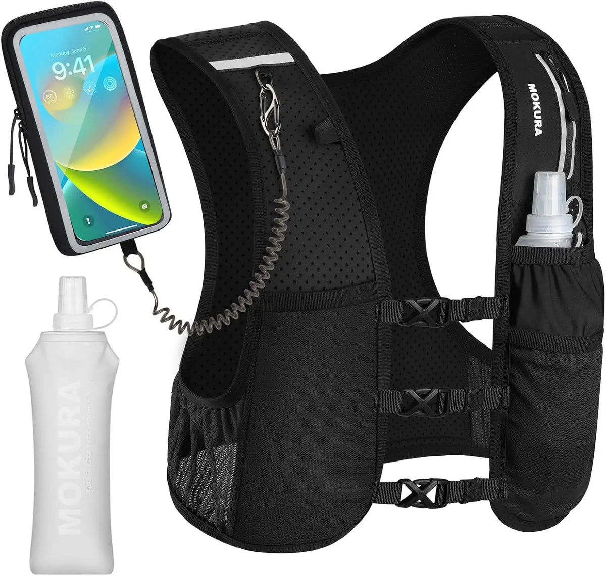 Unisex Running Vest Lightweight Hydration 500ML Soft Flask Phone Holder Reflective