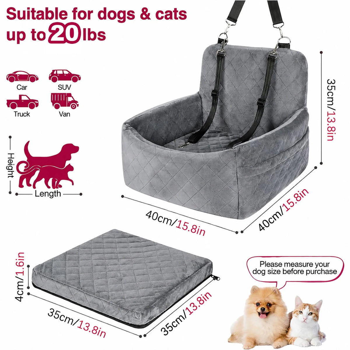 Diamond Quilted Pet Car Seat Bed, Bucket-Style Travel Bed for Puppies, Gray