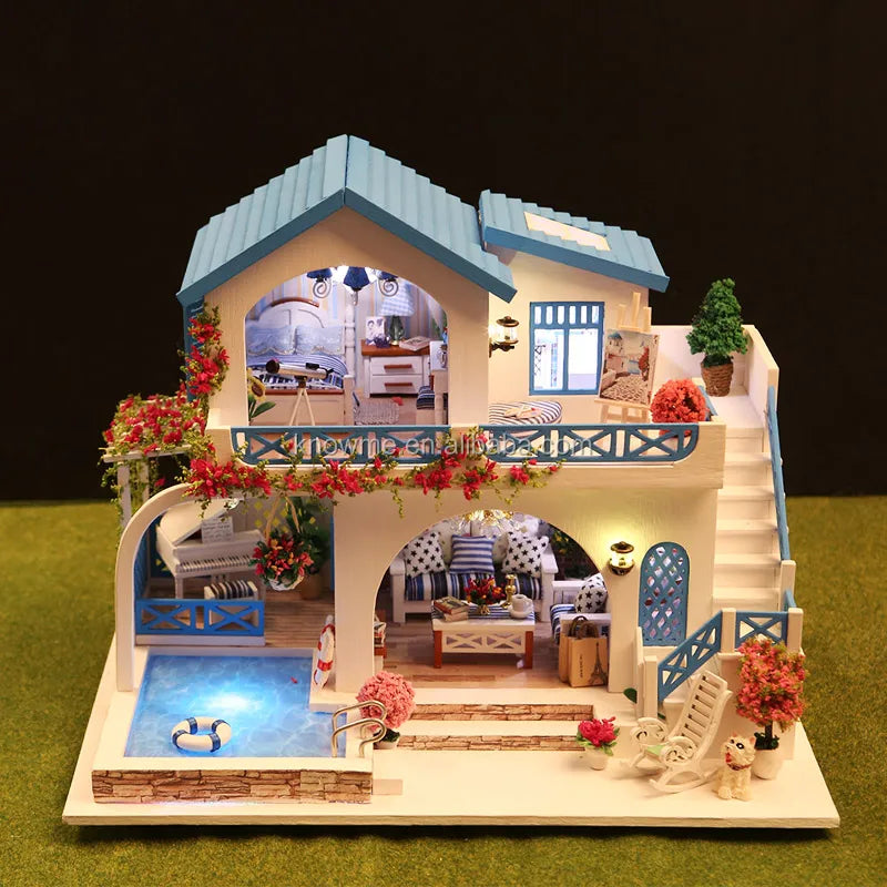 New Toys for Kids Miniature Wooden Building Doll House with Lights for Kids/Diy Wooden