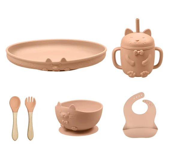 Food Grade Silicone Baby Feeding Set With Cup Bowl Plate Bib Spoon and Fork Easy Clean