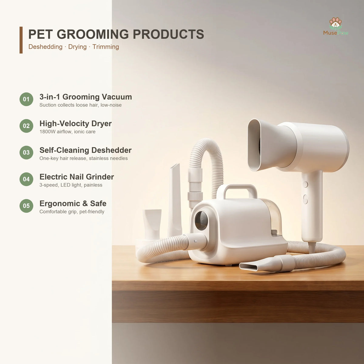 3-in-1 Pet Grooming Vacuum Kit with Suction Brush for Dog and Cat Hair
