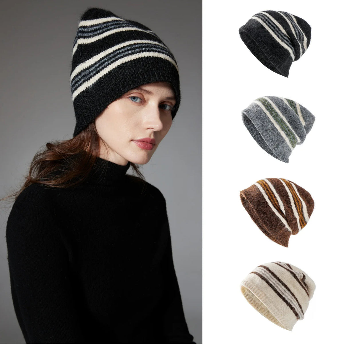 Winter Striped Wool Blend Beanie Hat Custom Unisex Jacquard Slouchy Knit Cap Thermal