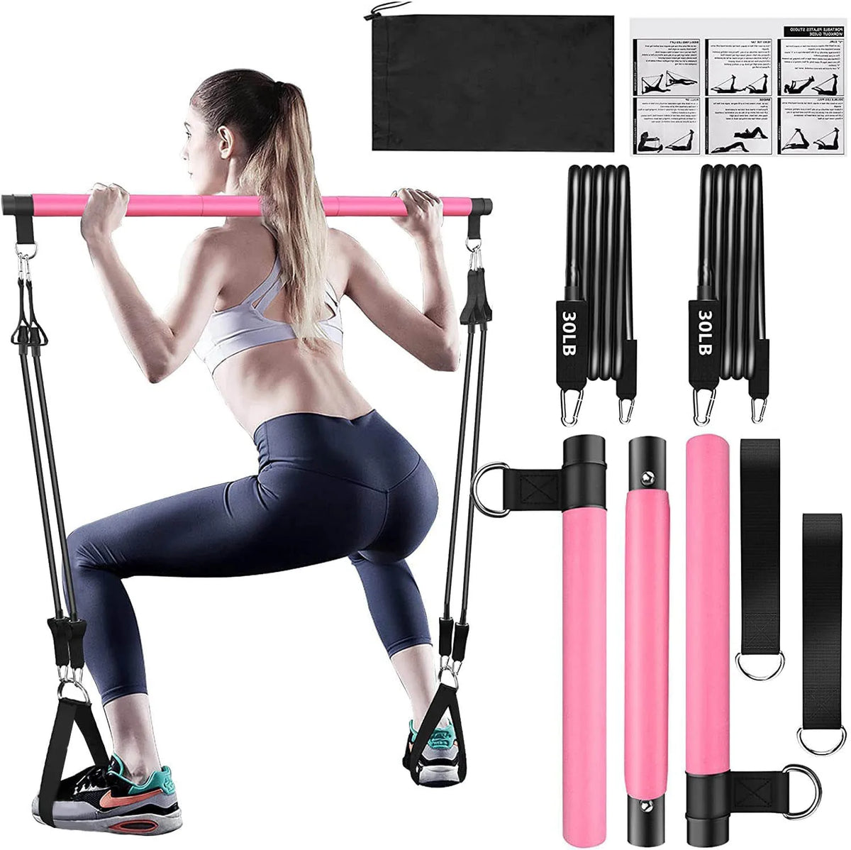 Home Portable 3 Sections Pilates Bar Kit with Resistance Bands for Men and Women Home Gym