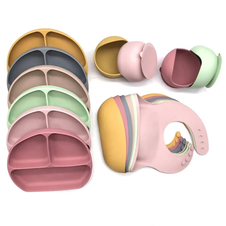 Top Seller Custom 6pcs Baby Feeding Set Food Grade Silicone Dinnerware Including Cups