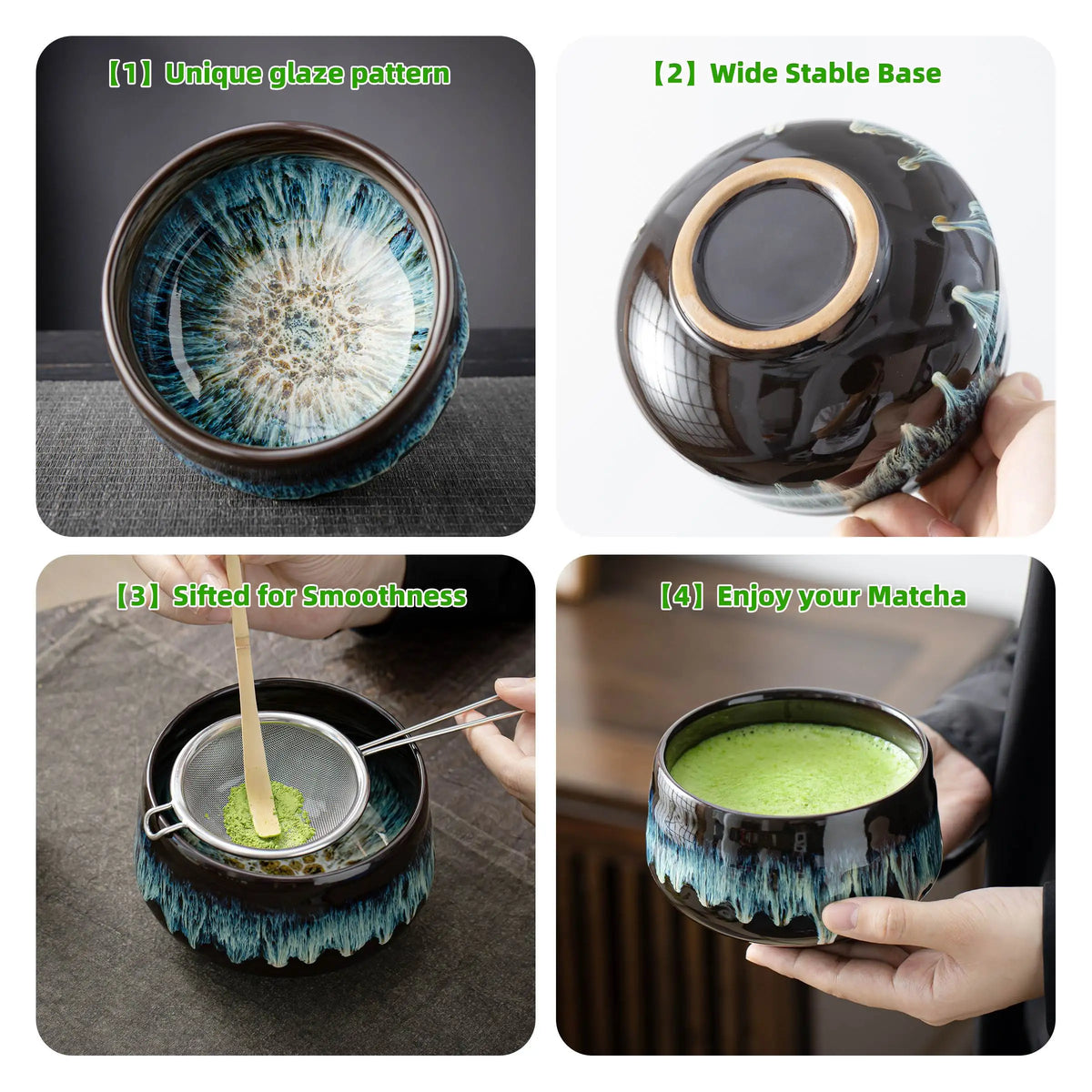 Tradition Tea Set for Making Latte Ceramic Bowl Matcha Whisk Set with Holder Scoop Sifter