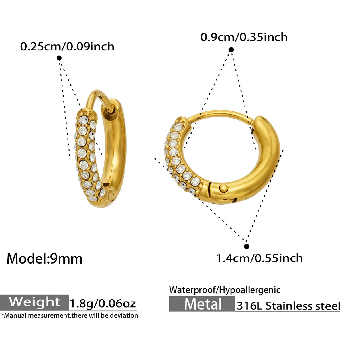 316L Stainless Steel Paved Cubic Zirconia Huggie Hoop Earrings 18k Pvd Gold Plated