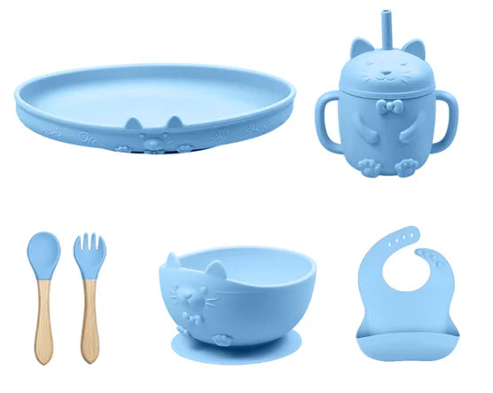 Food Grade Silicone Baby Feeding Set With Cup Bowl Plate Bib Spoon and Fork Easy Clean