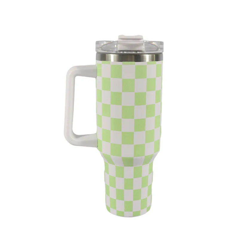 40 Oz Checkerboard Pattern Stainless Steel Tumbler Insulated Travel Coffee Mug Vacuum